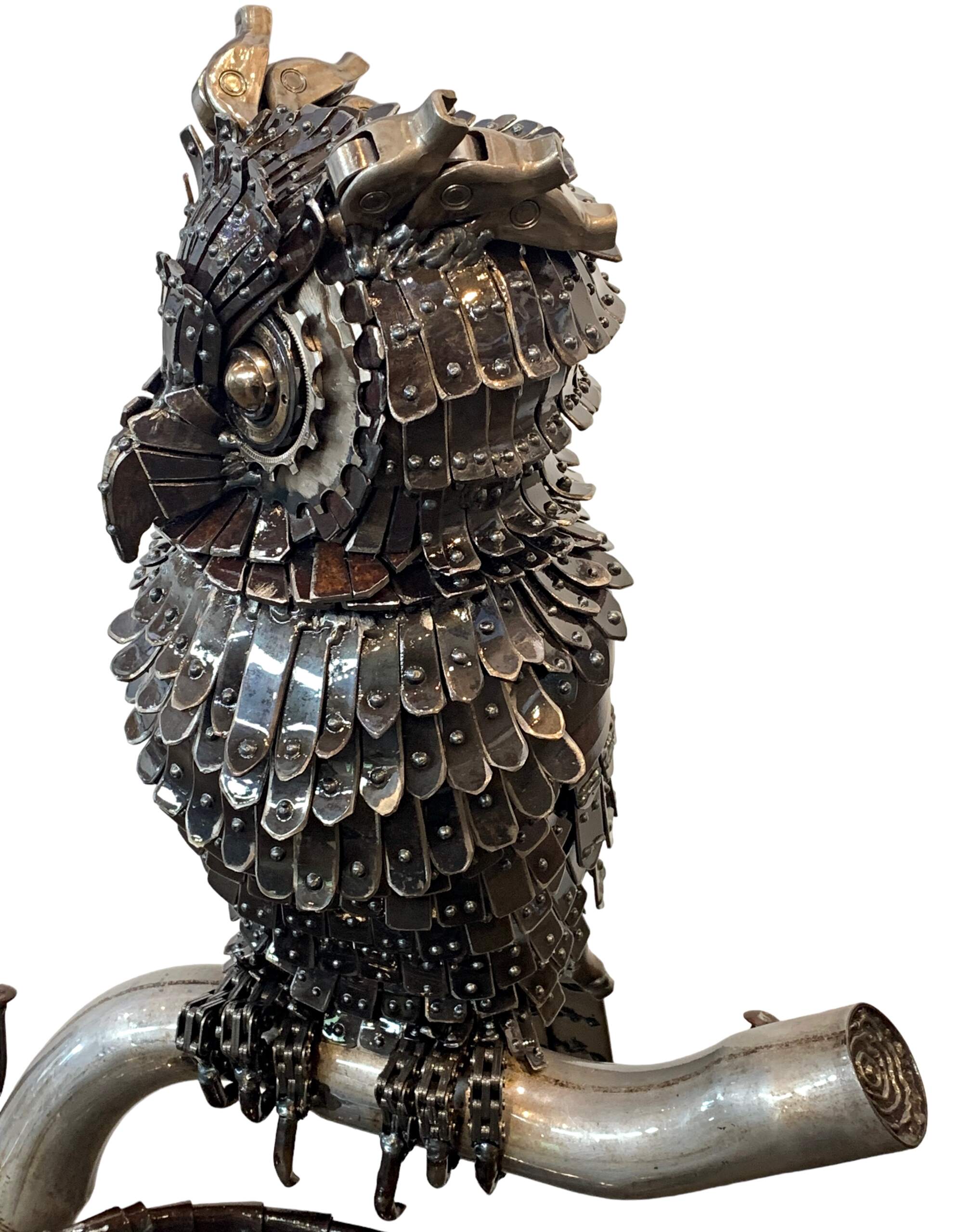 The Midnight Shift, reclaimed steel owl sculpture using Model A and race car parts by Wendy Stone | Effusion Art Gallery, Invermere BC