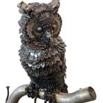 The Midnight Shift, reclaimed steel owl sculpture using Model A and race car parts by Wendy Stone | Effusion Art Gallery, Invermere BC