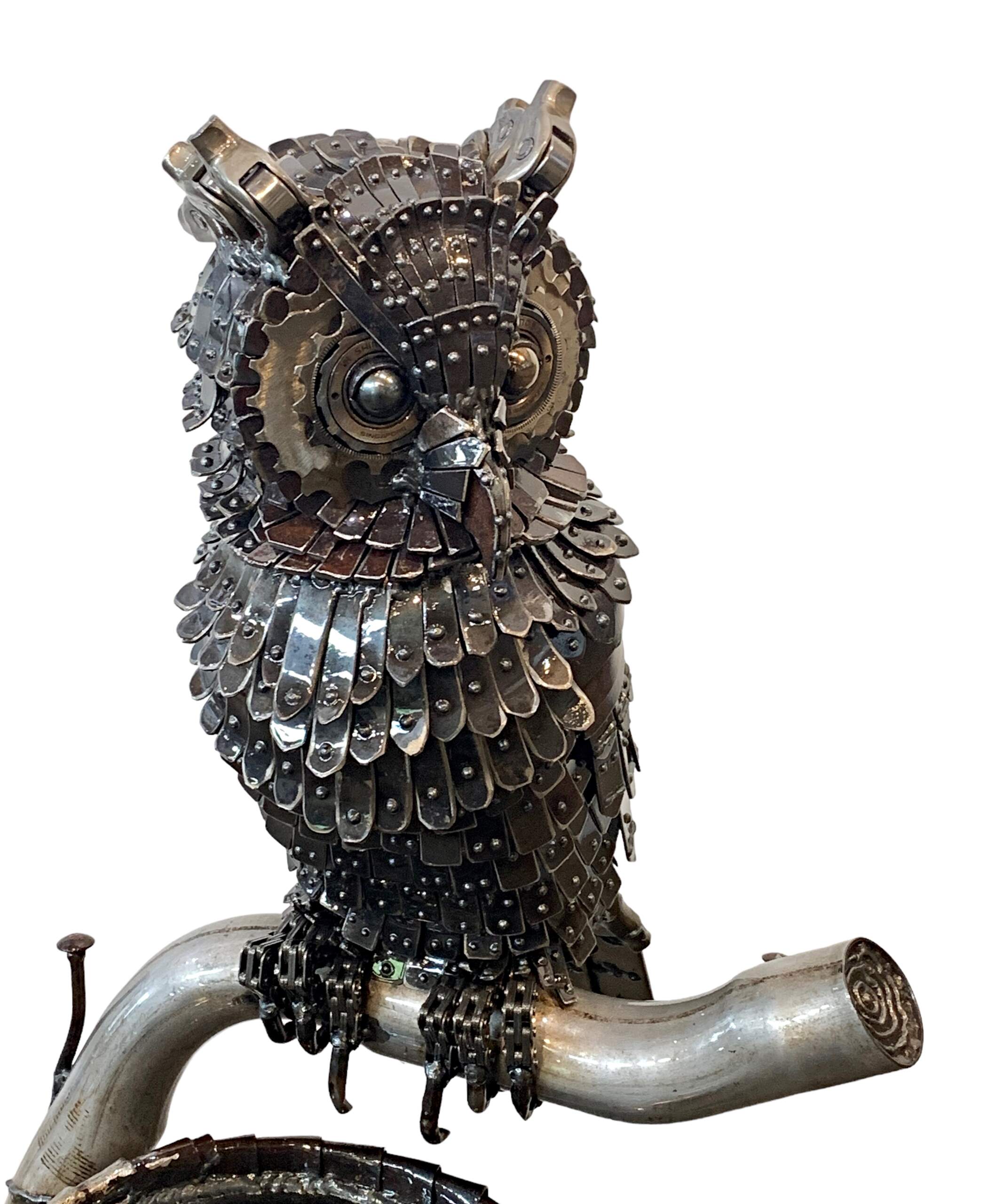 The Midnight Shift, reclaimed steel owl sculpture using Model A and race car parts by Wendy Stone | Effusion Art Gallery, Invermere BC