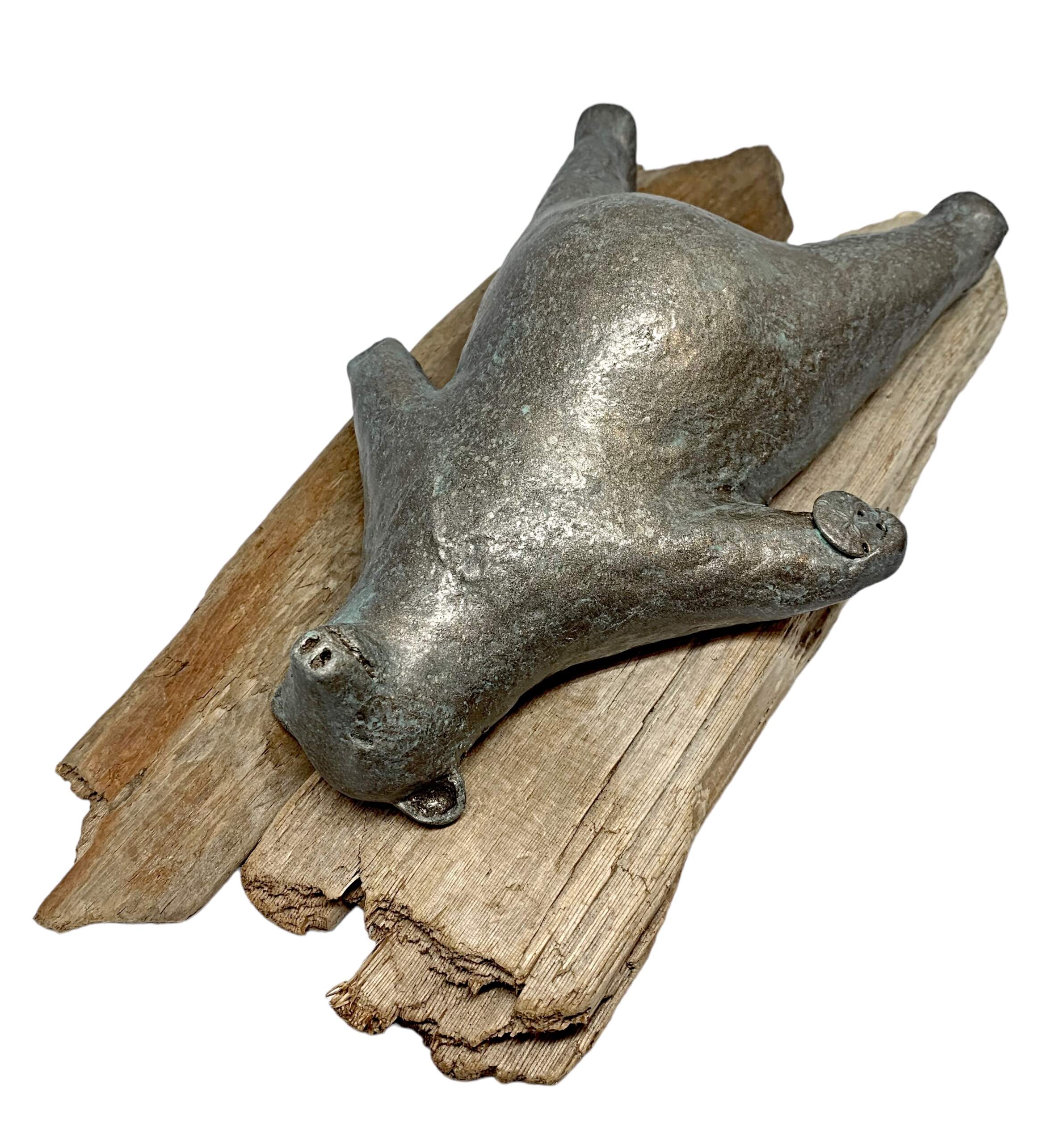 Sand Dollar Savasana, mixed media bear sculpture by Karin Taylor | Effusion Art Gallery, Invermere BC