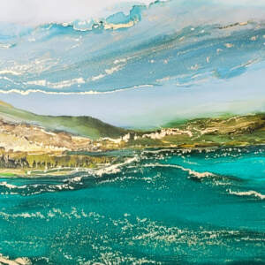 Alcohol ink painting of Emerald lake with touches of gold by Paulina Tokarski.