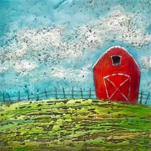 Encaustic painting of a red barn on a runny summer day by Brenda Walker.