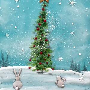 Encaustic painting of a outdoor Christmas tree with two grey bunnies gathered around looking at it outside.