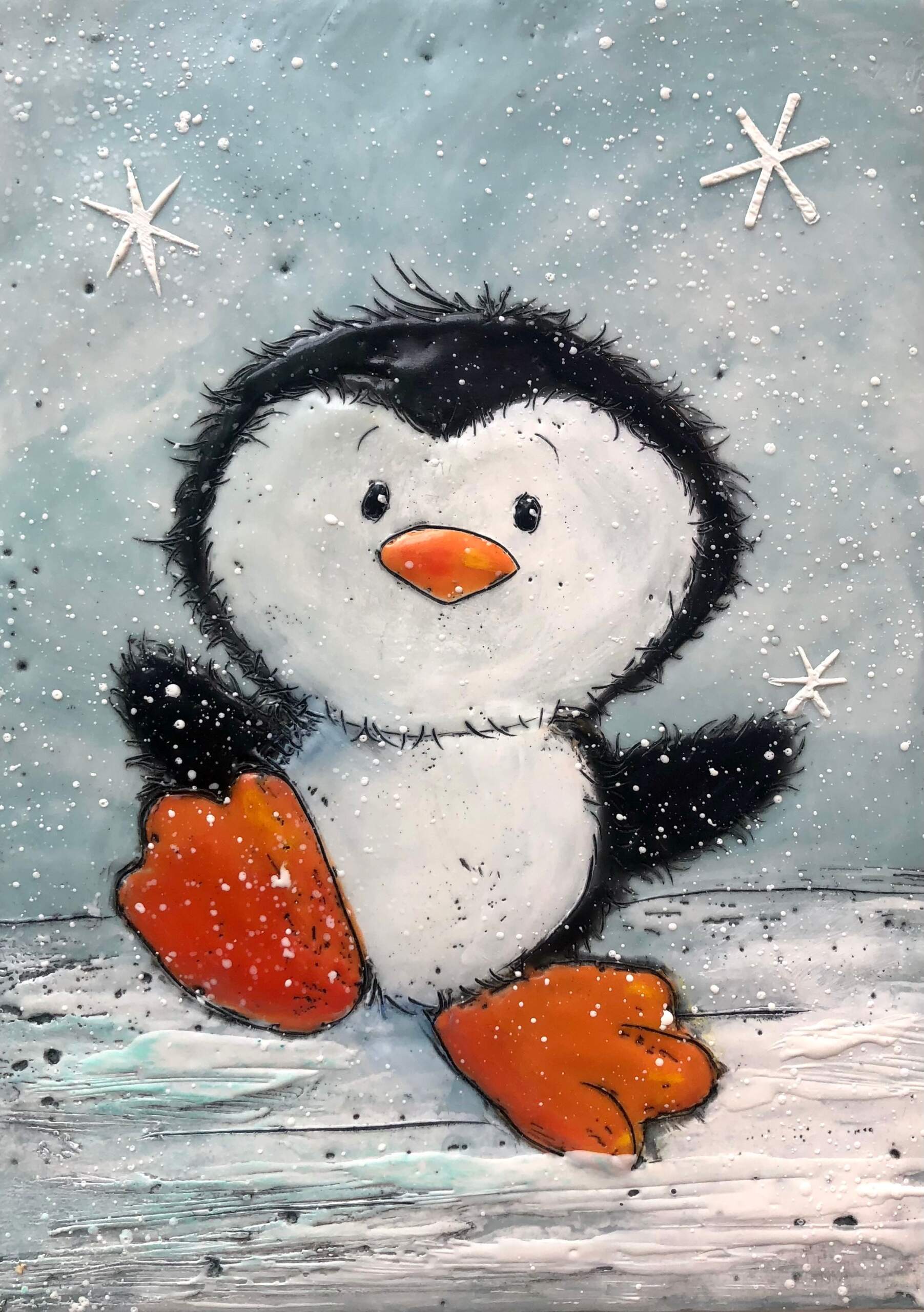 Penguin 4, cute encaustic penguin painting by Brenda Walker | Effusion Art Gallery, Invermere BC
