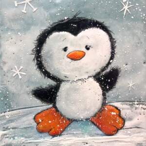 Cute encaustic painting of a friendly penguin playing in the snow by Brenda Walker.