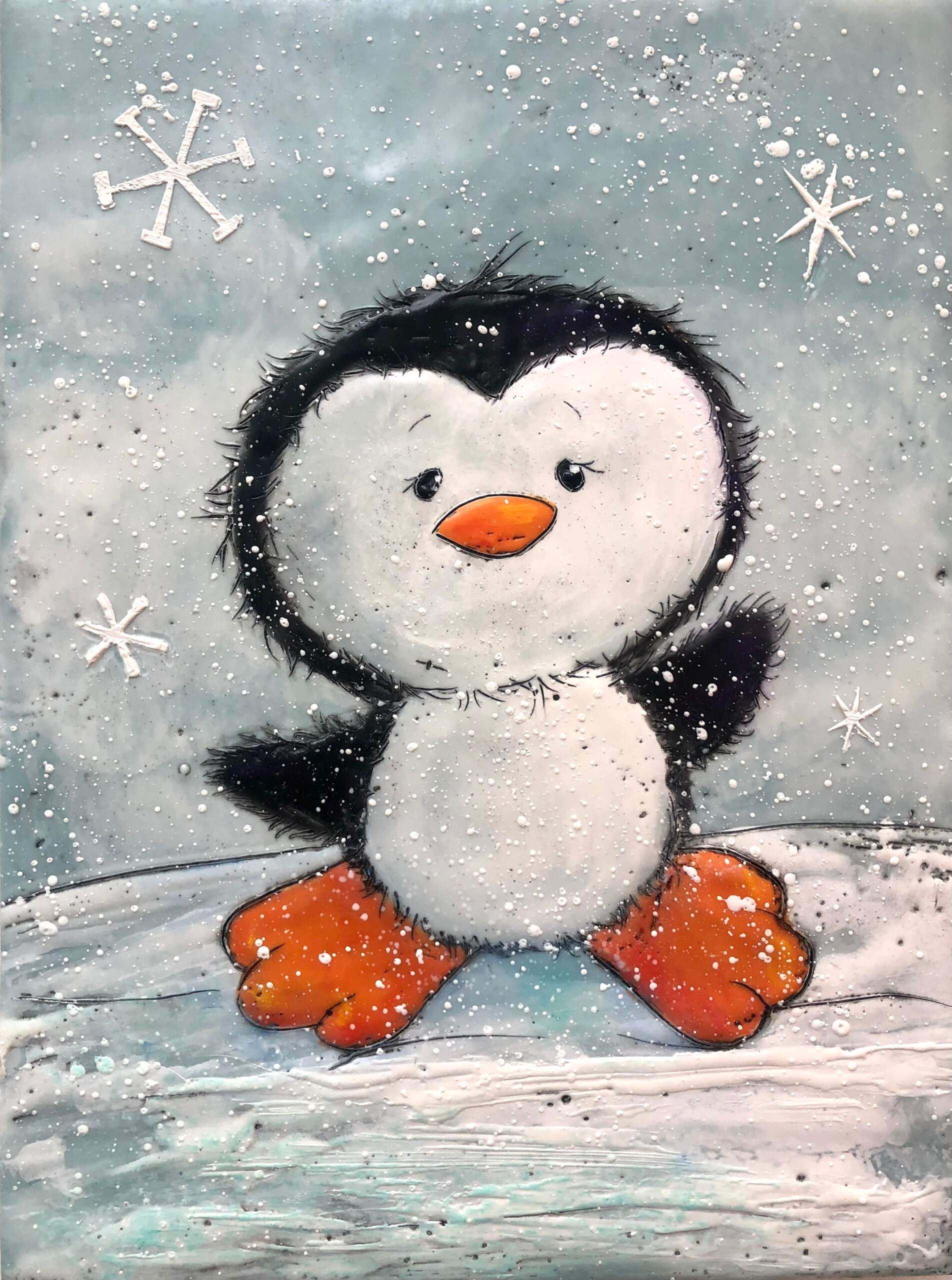 Penguin 6, cute encaustic penguin painting by Brenda Walker | Effusion Art Gallery, Invermere BC