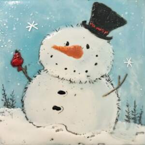 Encaustic painting of a cute friendly snowman wearing a black top hat with a red cardinal perched on his arm.