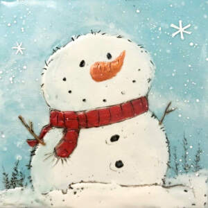 Encaustic painting of a cute friendly snowman wearing a red scarf by Brenda Walker.