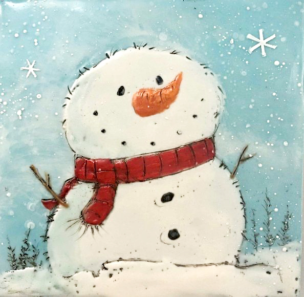 Snowman 19, cute encaustic snowman painting by Brenda Walker | Effusion Art Gallery, Invermere BC