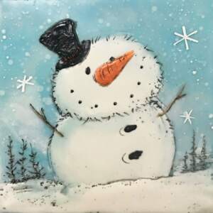 Encaustic painting of a cute friendly snowman wearing a black top hat by Brenda Walker.