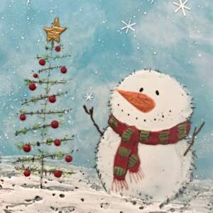 Encaustic painting of a cute friendly snowman wearing a red and green scarf next to a Charlie Brown Christmas tree by Brenda Walker.