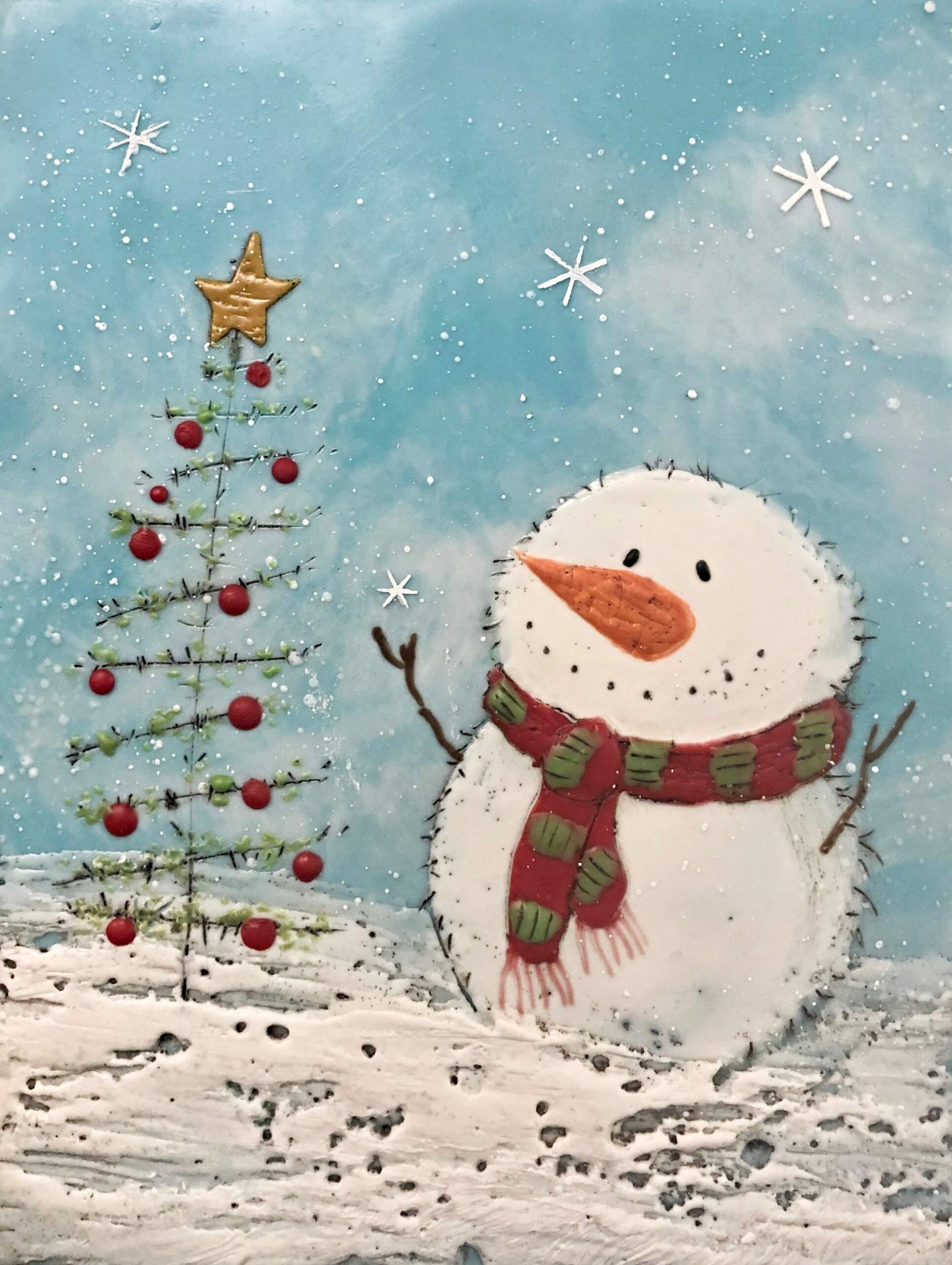 Snowman 22, cute encaustic snowman painting by Brenda Walker | Effusion Art Gallery, Invermere BC