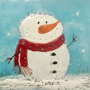 Encaustic painting of a cute friendly snowman wearing a red scarf with green dots by Brenda Walker.