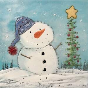 Encaustic painting of a cute friendly snowman wearing a long blue hat with a red pompom next to a Charlie Brown Christmas tree by Brenda Walker.