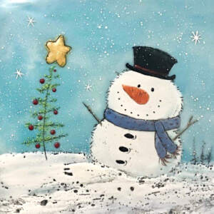 Encaustic painting of a cute friendly snowman wearing a top hat and a blue scarf next to a Charlie Brown Christmas tree by Brenda Walker.