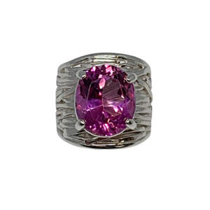 Handmade silver + 10.5 ct oval pink topaz ring by A&R Jewellery | Effusion Art Gallery, Invermere BC