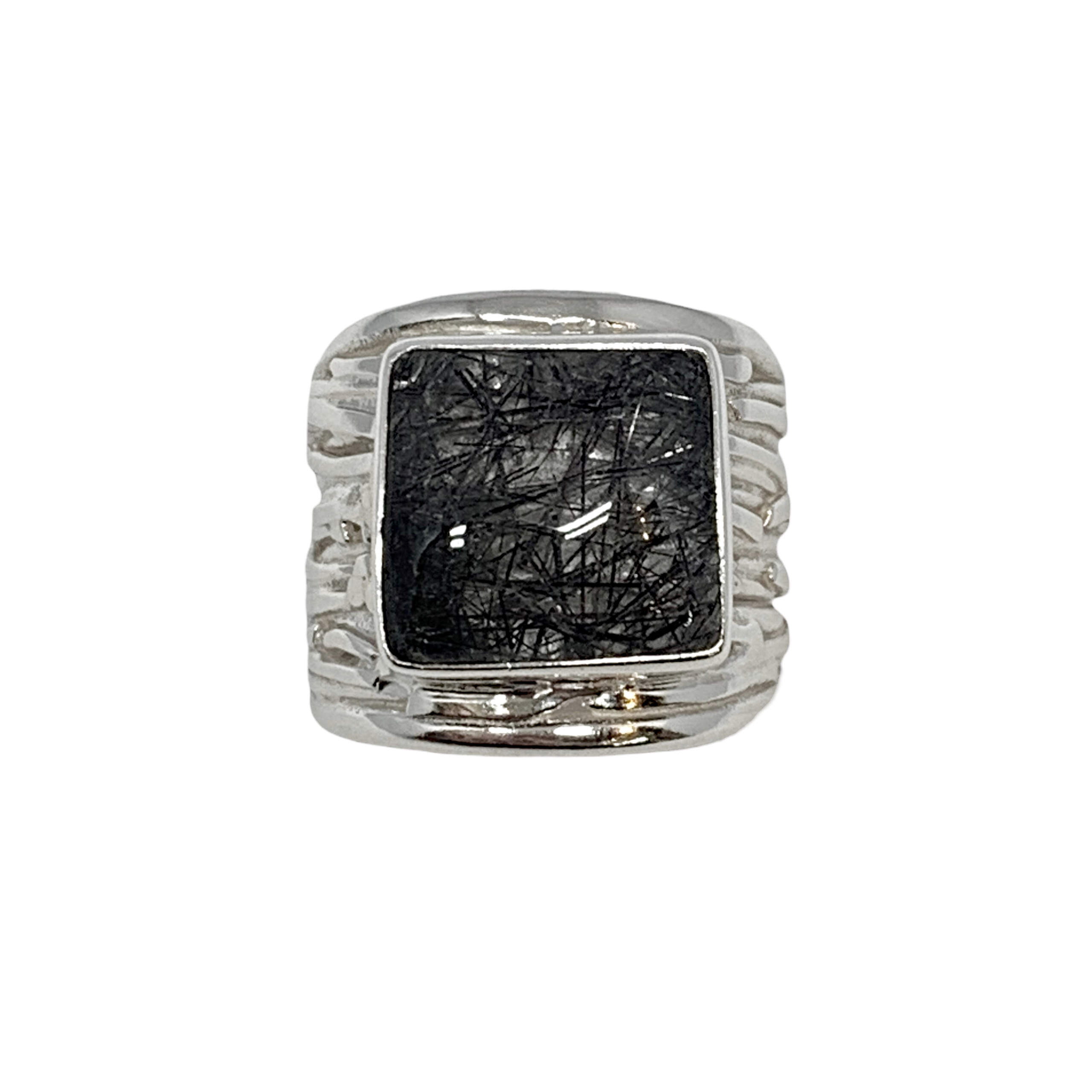 Handmade silver + 10.7 ct square tourmilated quartz ring by A&R Jewellery | Effusion Art Gallery, Invermere BC