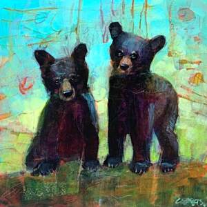 Mixed media painting of two mischievous black bear cubs by Connie Geerts.