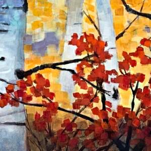 Mixed media painting of autumn trees and red and golden leaves by Connie Geerts.