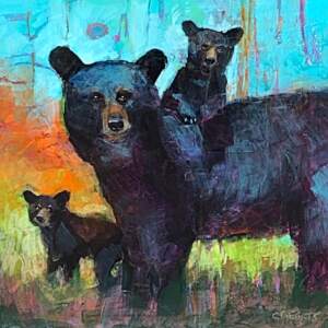 Mixed media painting of a mama black bear and her cubs with one perched on her back by Connie Geerts.