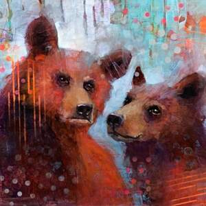 Mixed media painting of two mischievous brown bear cubs by Connie Geerts.