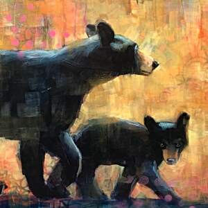Mixed media painting of a mama black bear walking with her cub by Connie Geerts.