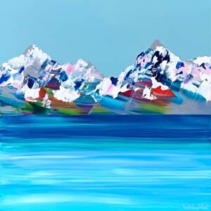 Original acrylic landscape painting with palette knife mountains behind a calm lake by Stephanie Rivet.