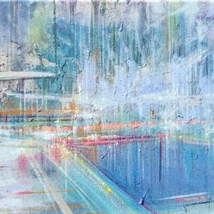 Abstract mixed media painting of the Radium Hot Springs pool in pastel tones by Michel Saint-Hilaire.