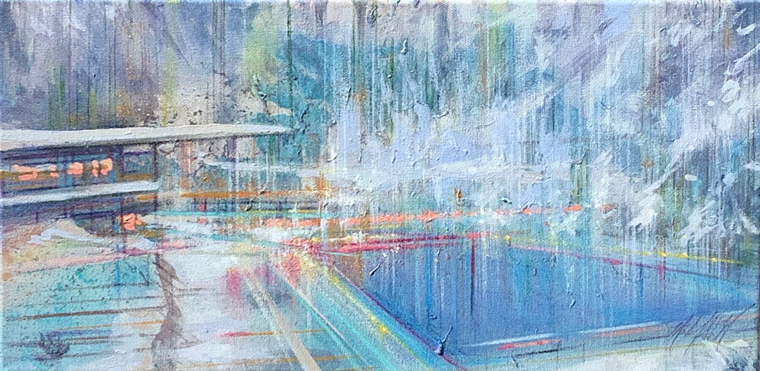 Cool Blue, mixed media painting of the Radium Hot Springs pool by Michel Saint Hilaire | Effusion Art Gallery, Invermere BC