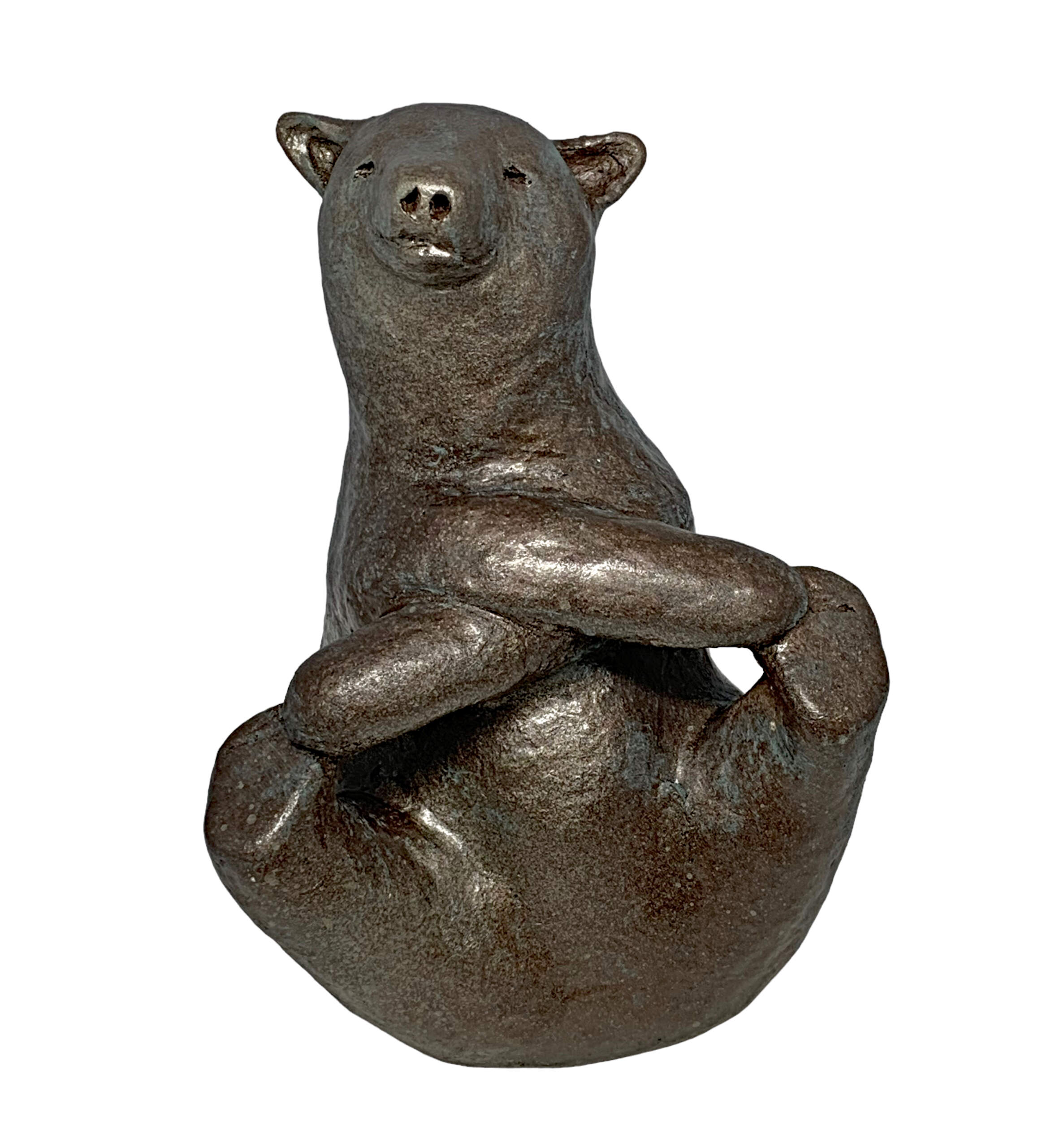 Crossover Boat Pose, mixed media yoga bear sculpture by Karin Taylor | Effusion Art Gallery, Invermere BC