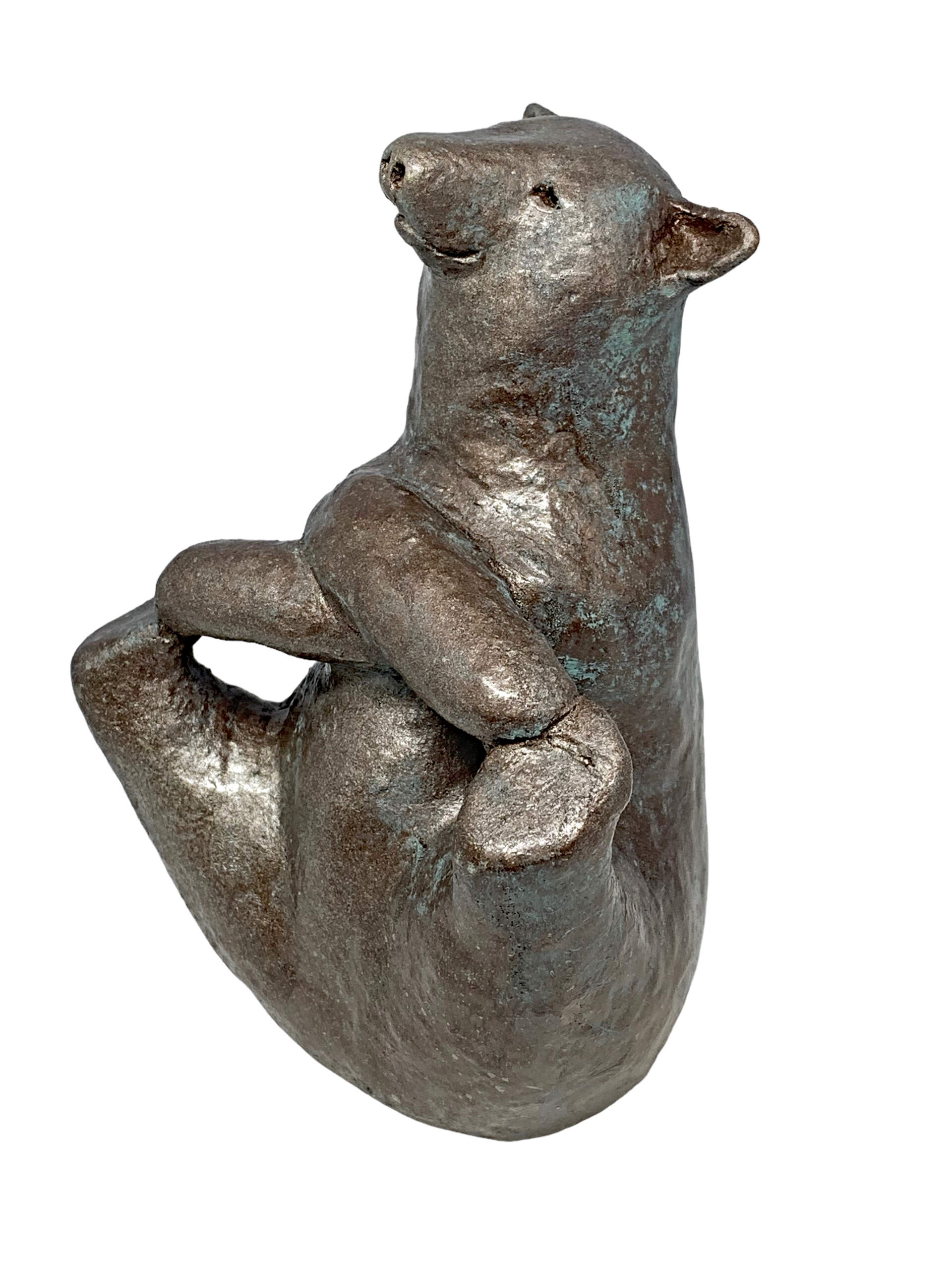 Crossover Boat Pose, mixed media yoga bear sculpture by Karin Taylor | Effusion Art Gallery, Invermere BC
