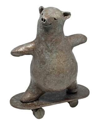 Skater Dude - Tattoo, mixed media skateboarding bear sculpture by Karin Taylor | Effusion Art Gallery, Invermere BC