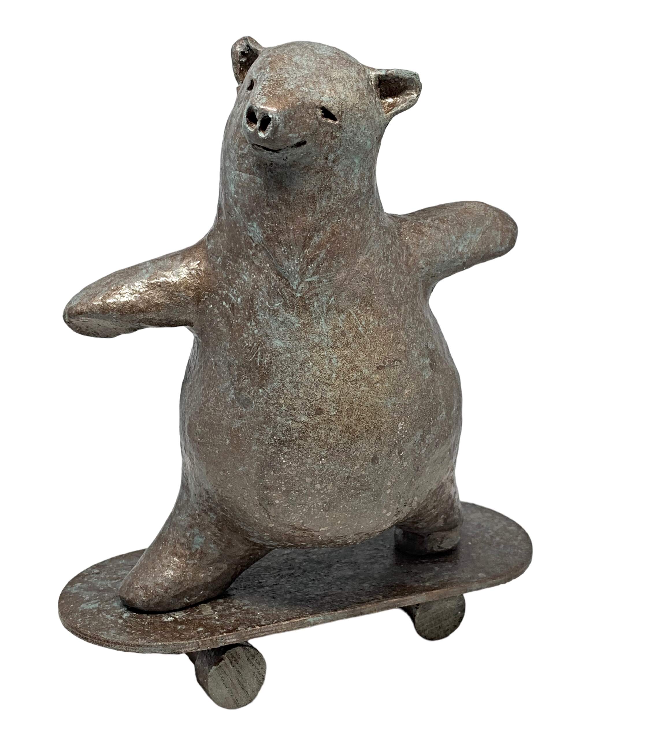 Skater Dude - Tattoo, mixed media skateboarding bear sculpture by Karin Taylor | Effusion Art Gallery, Invermere BC