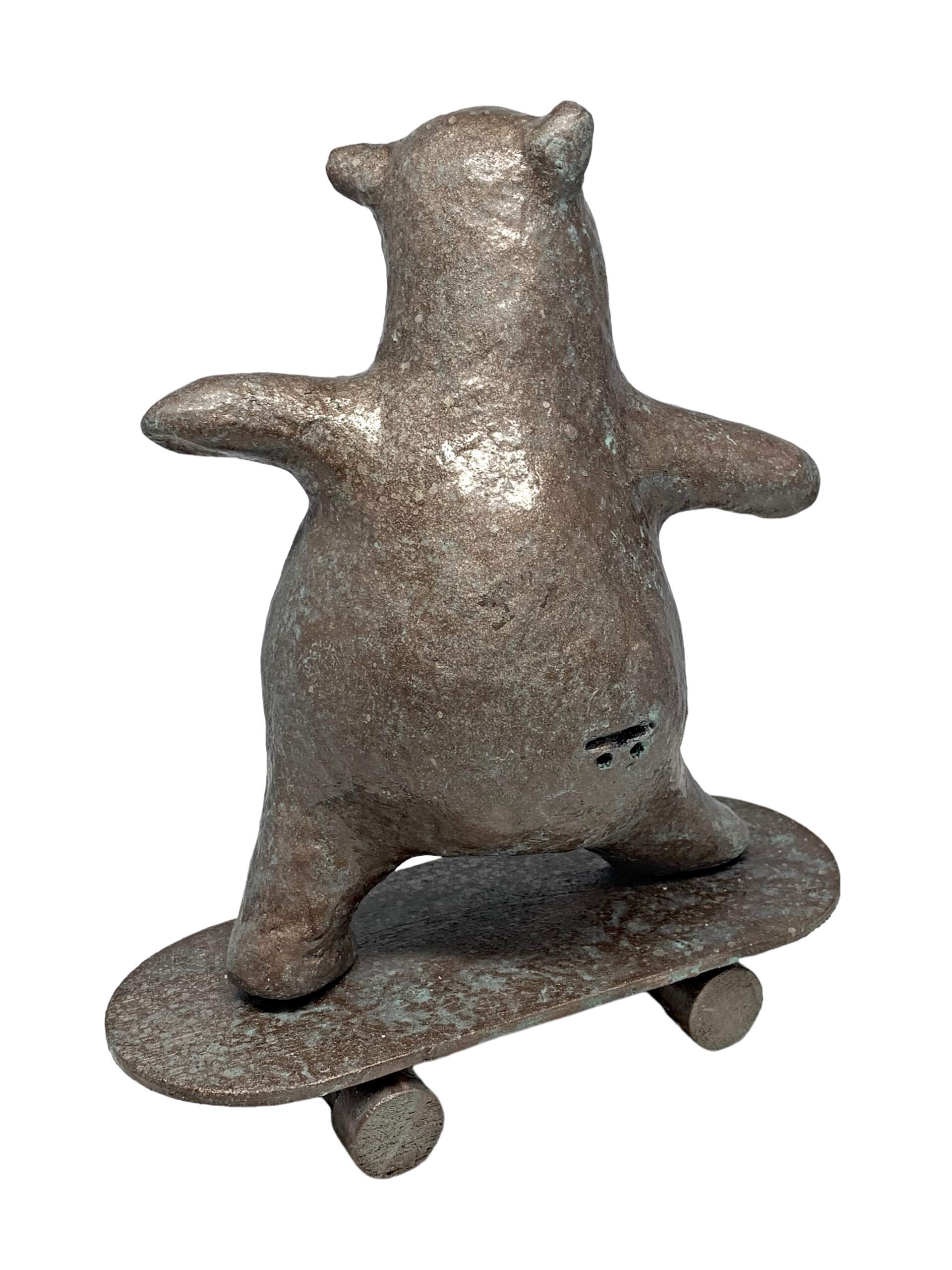 Skater Dude - Tattoo, mixed media skateboarding bear sculpture by Karin Taylor | Effusion Art Gallery, Invermere BC