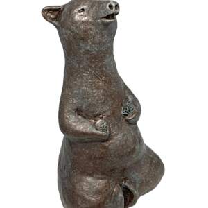 Mixed media sculpture of a happy meditating bear by Karin Taylor.