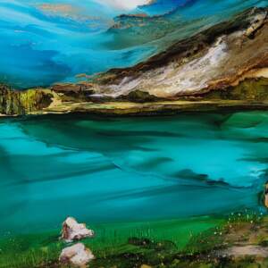 Alcohol ink painting of Welsh Lake with cairns in the summer by Paulina Tokarski