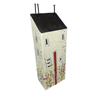 Original encaustic painting of a 3-D cream house with a red door and black roof with abstract flowers by Brenda Walker.