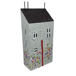 Original encaustic painting of a 3-D grey house with a red door and black roof with abstract flowers by Brenda Walker.