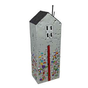 Original encaustic painting of a 3-D grey house with a red door and black roof with abstract flowers by Brenda Walker.