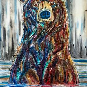 Original mixed media painting of a brown bear taking a bath in the lake by David