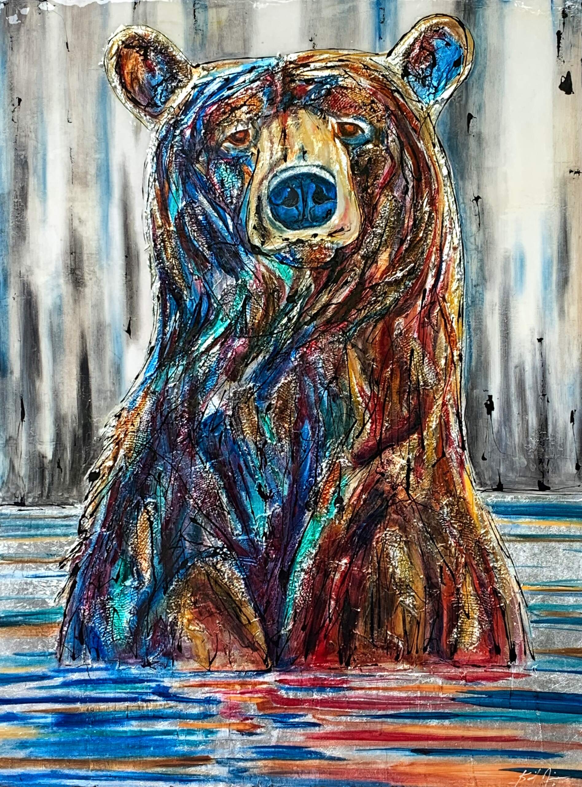 Bath Time, original mixed media bear painting by David Zimmerman | Effusion Art Gallery, Invermere BC