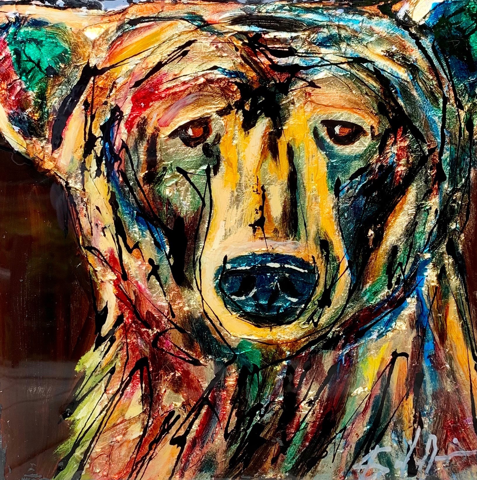 Suspended, original mixed media bear painting by David Zimmerman | Effusion Art Gallery, Invermere BC