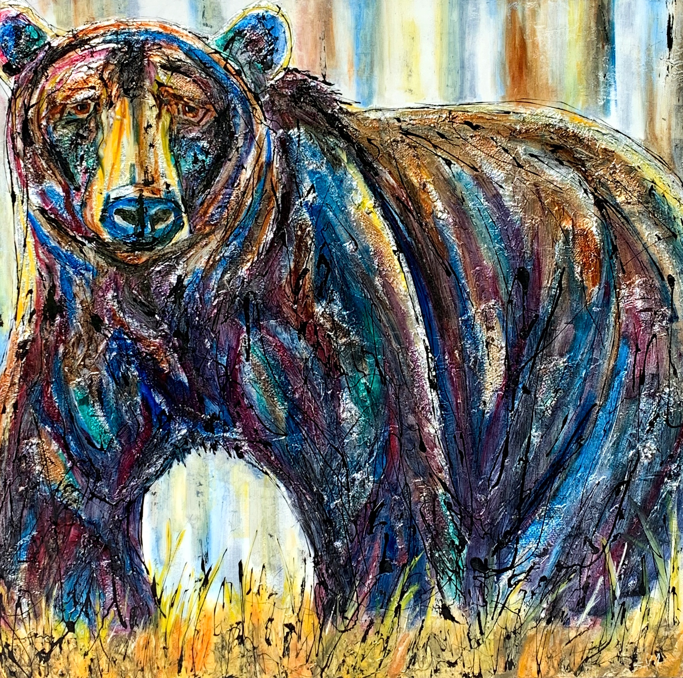 What's Happening Here, original mixed media bear painting by David Zimmerman | Effusion Art Gallery, Invermere BC