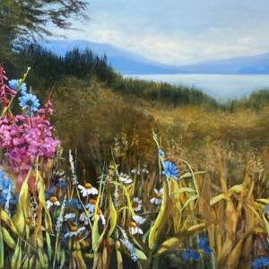 Original summer lake landscape painting with fireweed and blue wildflowers in the foreground by Jane Bronsch.