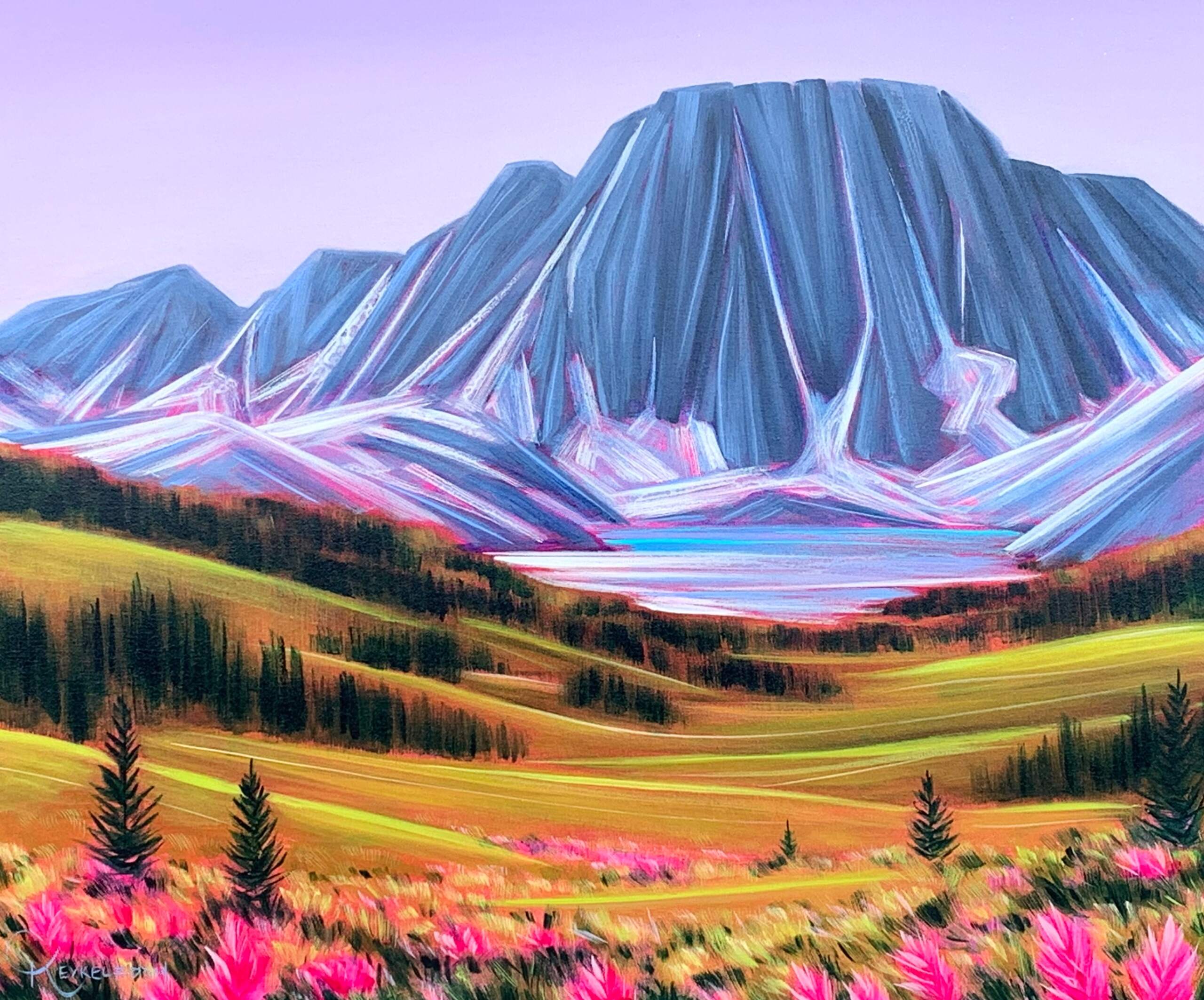 Alpine Chartreuse, acrylic landscape painting of Floe Lake by Kayla Eykelboom | Effusion Art Gallery, Invermere BC