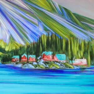 Original vibrant acrylic landscape painting of Emerald Lake in the summer by Kayla Eykelboom.