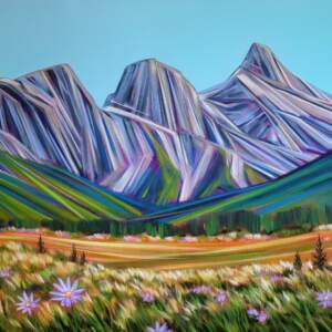 Vibrant original acrylic painting of the Three Sisters mountains in Canmore Alberta by Kayla Eykelboom.