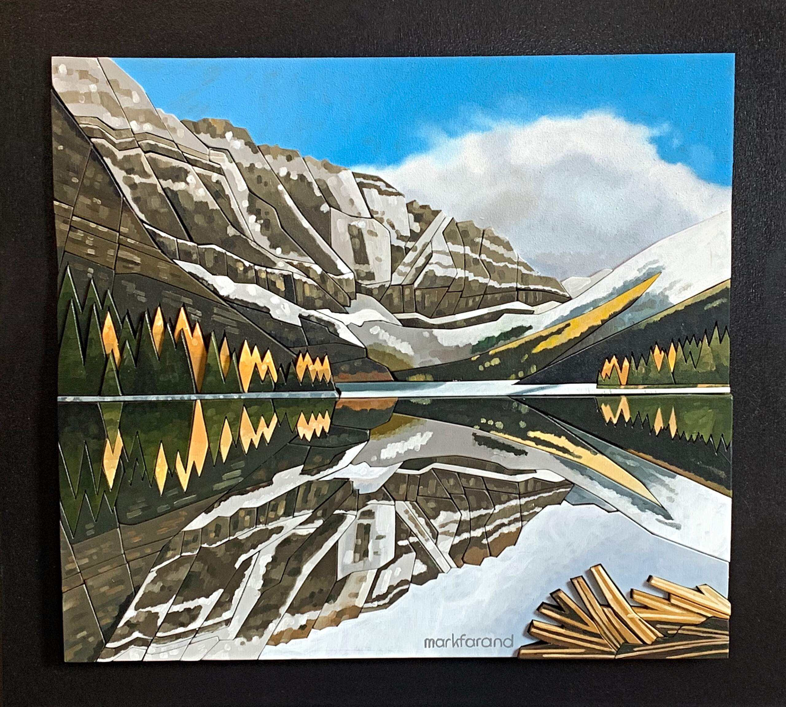Taylor Lake, oil and scroll-cut wood landscape of Taylor Lake in the early autumn by Mark Farand | Effusion Art Gallery, Invermere BC