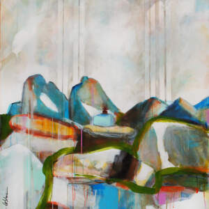 Abstract painting of the Bugaboos Silver Basin in summer in mid-century modern colours by Sylvain Leblanc.