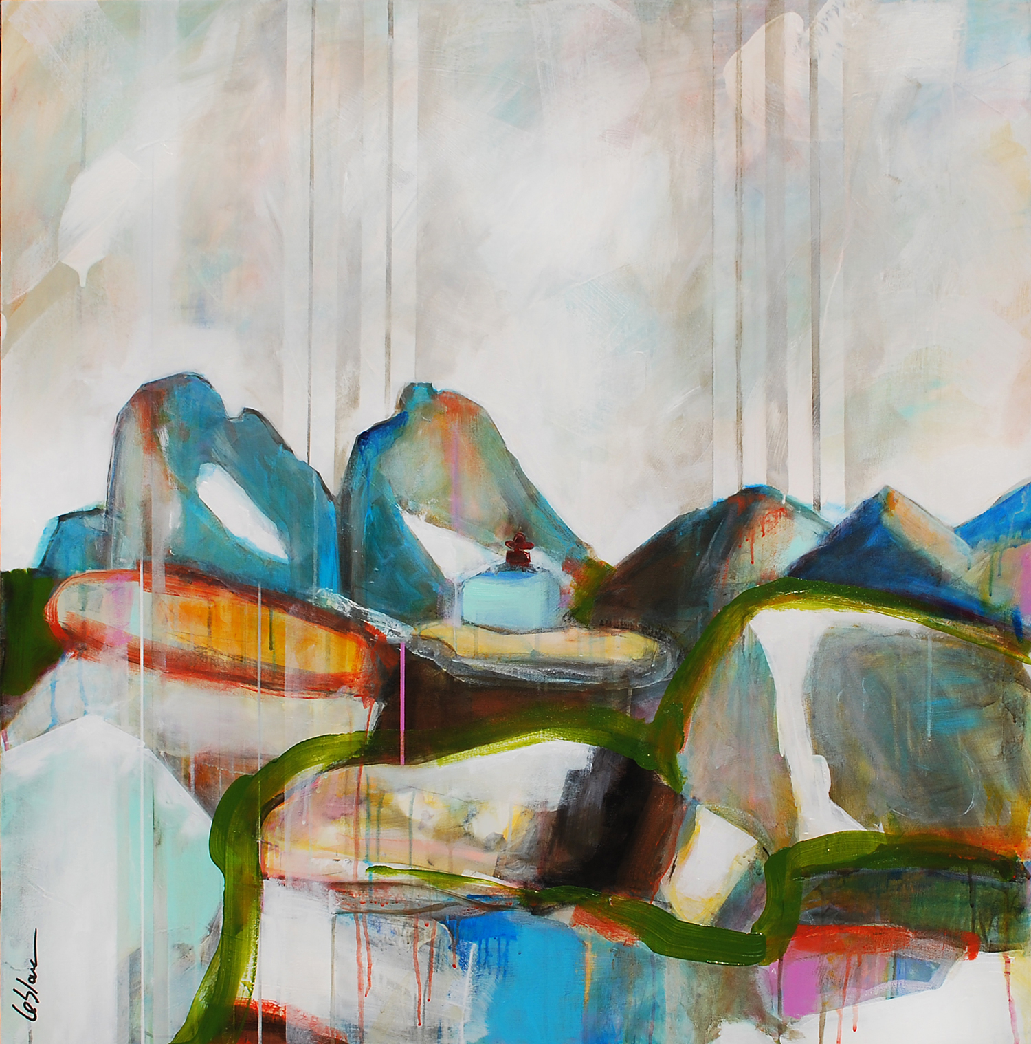 Bugaboos, mixed media painting of the Bugaboos Silver Basin by Sylvain Leblanc and inspired by a photograph taken by Doug Andrus | Effusion Art Gallery, Invermere BC